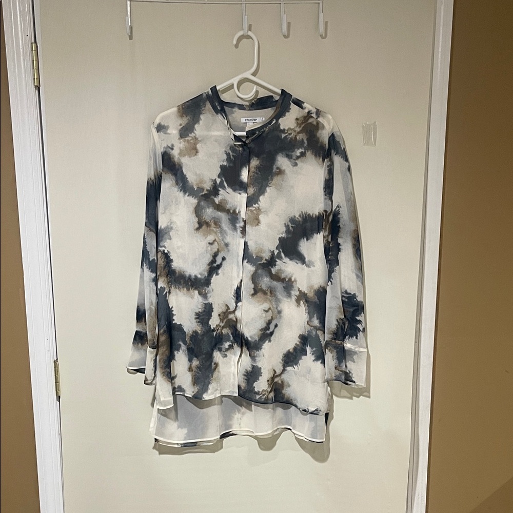 NWOT Chico's Tie-Dye Button-Front Blouse in Blue and Cream with Taupe Accents